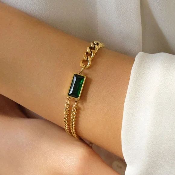 Green Zirconia Curb Mix Chain Bracelet | Gold Plated Stainless Steel - Picture 1 of 2